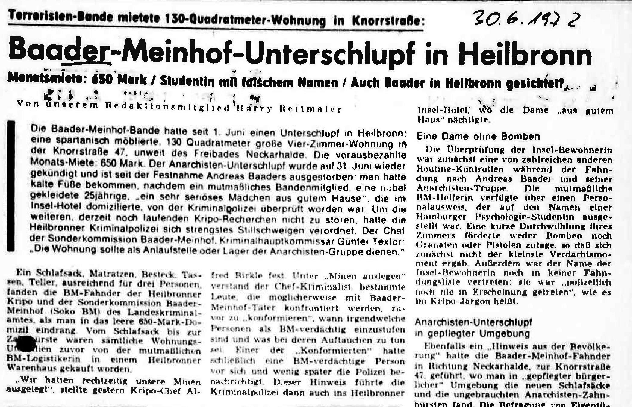 Die Heilbronner Stimme berichtete am 30. Juni 1972 über die konspirative Wohnung in Heilbronn.