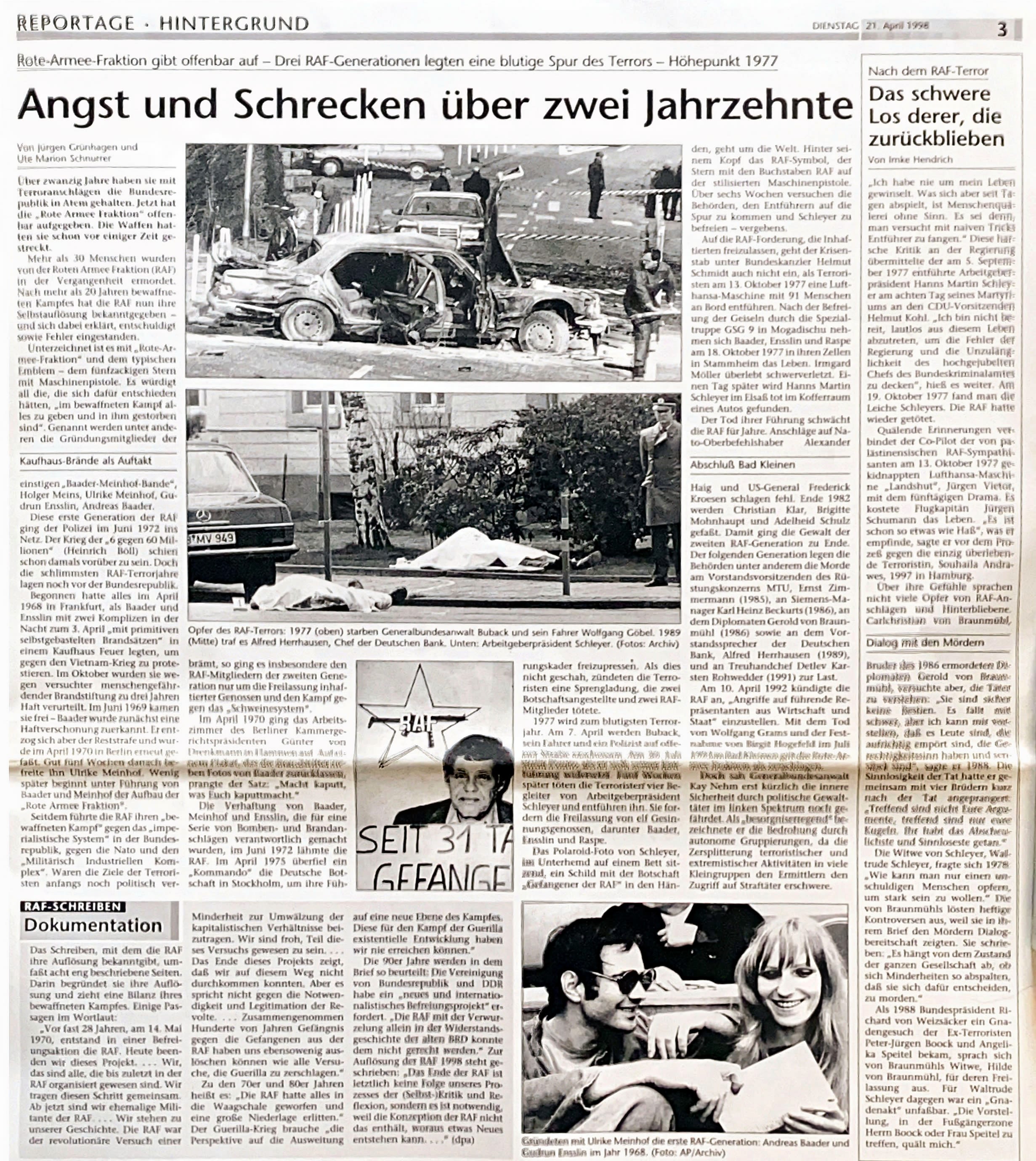 Die Heilbronner Stimme berichtet am 21. April 1998 über die Tags zuvor aufgetauchte Selbstauflösungserklärung der RAF.