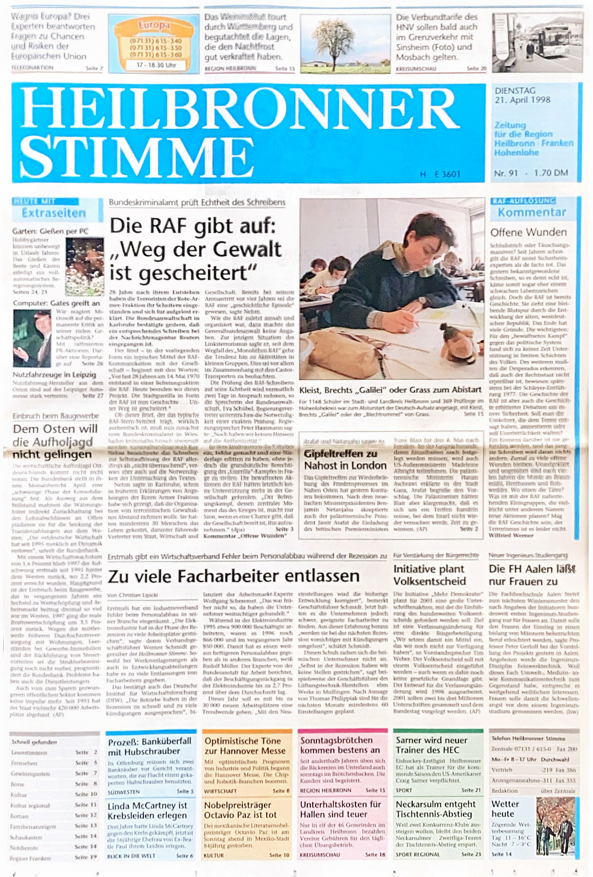 Die Titelseite der Heilbronner Stimme vom 21. April 1998